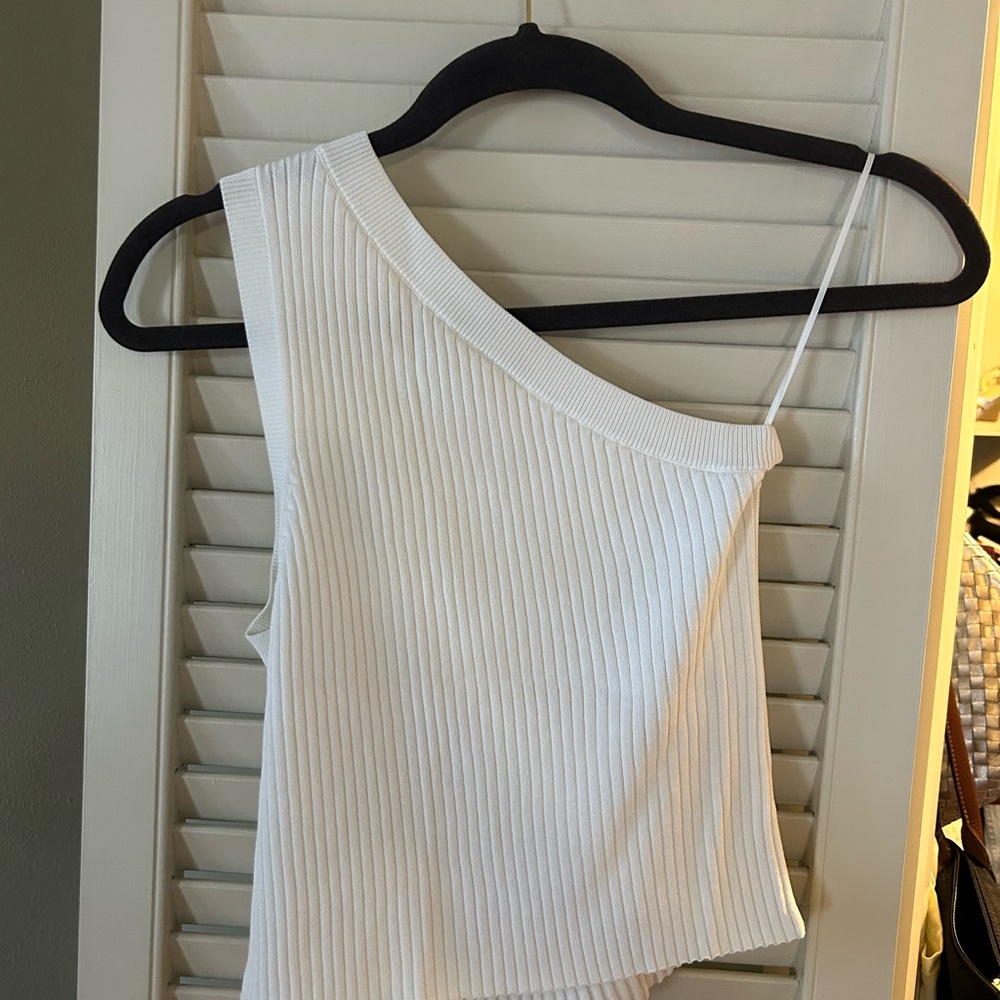 White Ribbed One-Shoulder Top